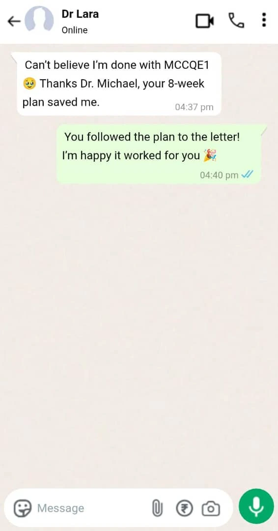 A WhatsApp chat between Dr. Lara and Dr. Michael. Dr. Lara thanks him for his 8-week MCCQE1 prep course online Canada, which helped her finish MCCQE1. Dr. Michael praises her dedication to the plan and celebrates her success.