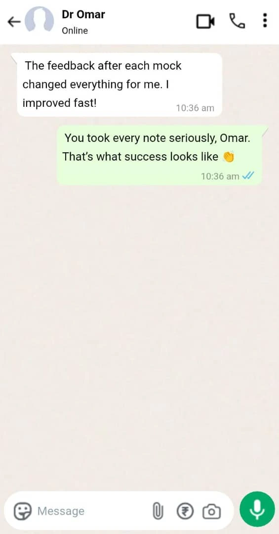 A WhatsApp chat where Dr Omar says feedback after TDM module case-based learning MCCQE1 helped him improve fast. The reply praises Omar for taking notes seriously, saying that’s what success looks like, with a clapping emoji.