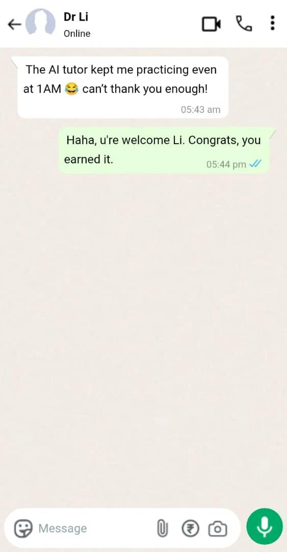 A WhatsApp chat shows Dr Li thanking someone for helping them practice with MCCQE1 prep course online Canada at 1AM, saying can’t thank you enough! The reply says, Haha, you’re welcome Li. Congrats, you earned it.