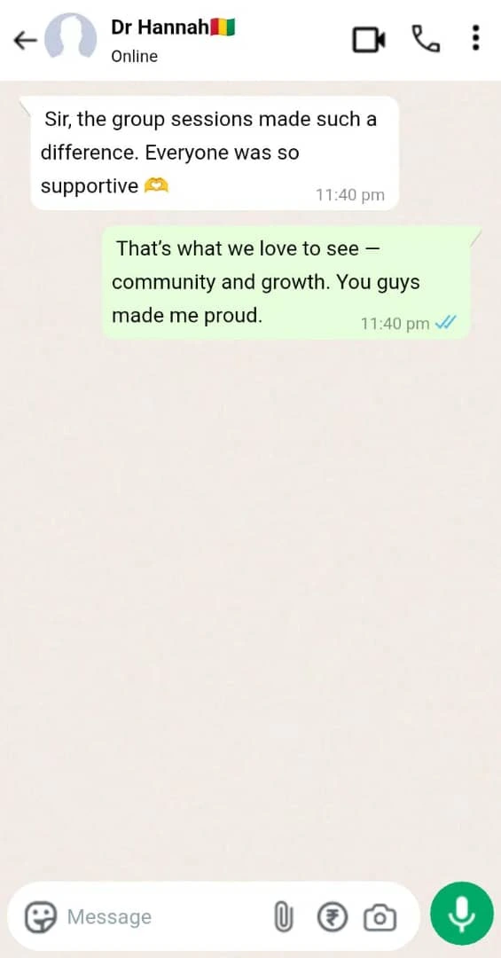 A WhatsApp chat shows Dr Hannah saying, Sir, the TDM module case-based learning for MCCQE1 made such a difference. Everyone was so supportive, with a hugging emoji. The reply reads, That’s what we love to see — community and growth. You guys made me proud.