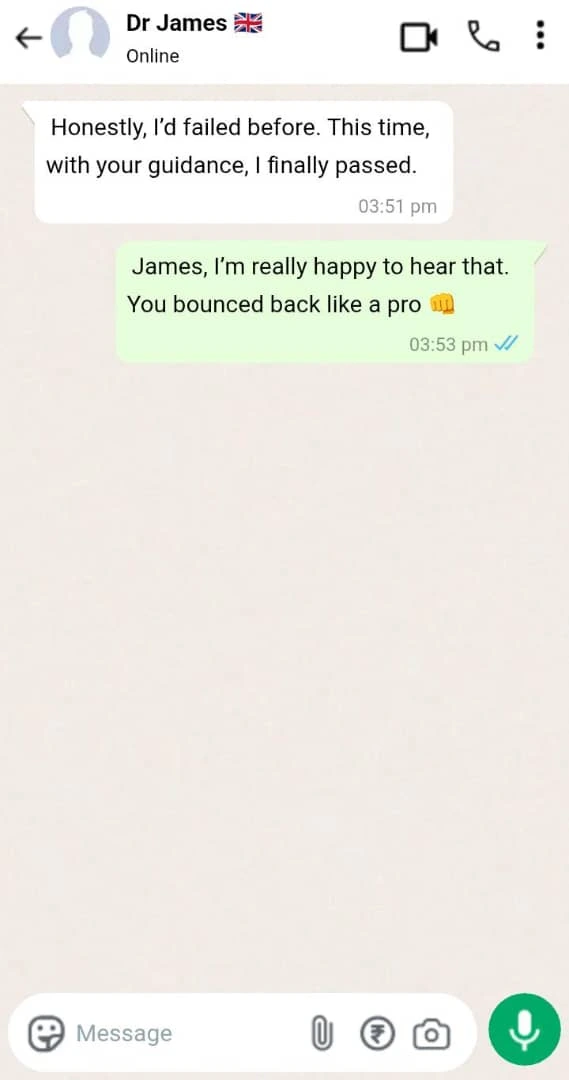 A WhatsApp chat shows Dr James saying he failed before but passed with Smart Mock’s guidance. The reply congratulates him, saying he bounced back like a pro, with a fist bump emoji.